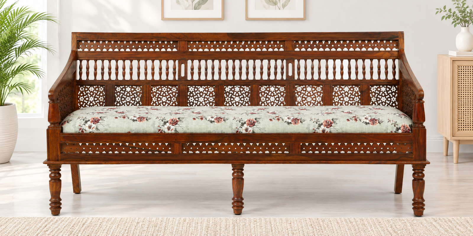 Elegant Natural Finish Sheesham Wood Comfortable 3 Seater Sofa