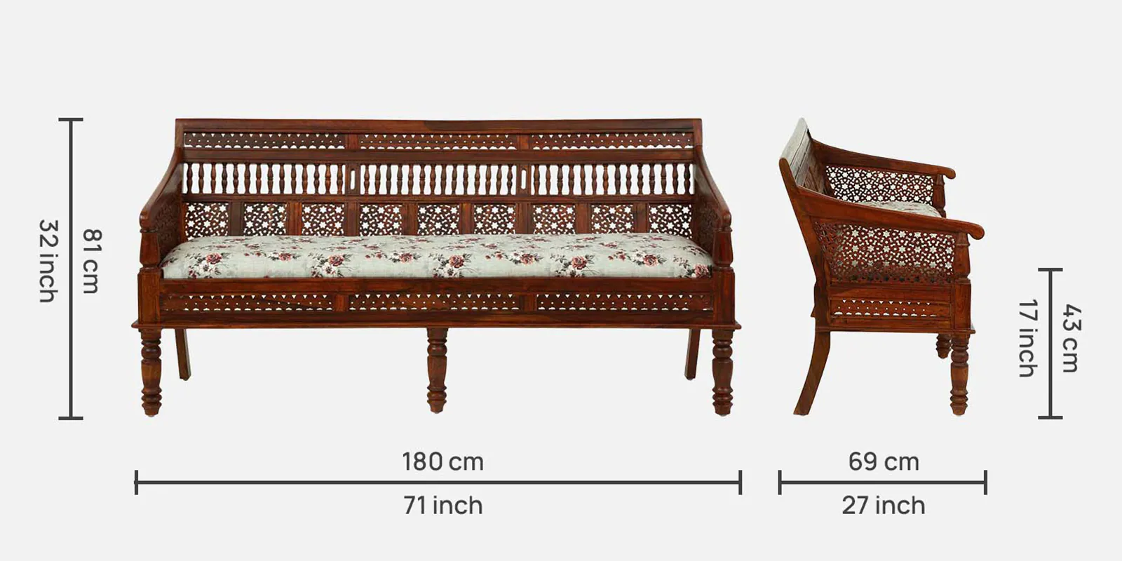 Elegant Natural Finish Sheesham Wood Comfortable 3 Seater Sofa - Image 3