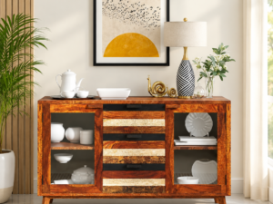 Elegant Solid Sheesham Wood Crockery Cabinet with Glass Doors