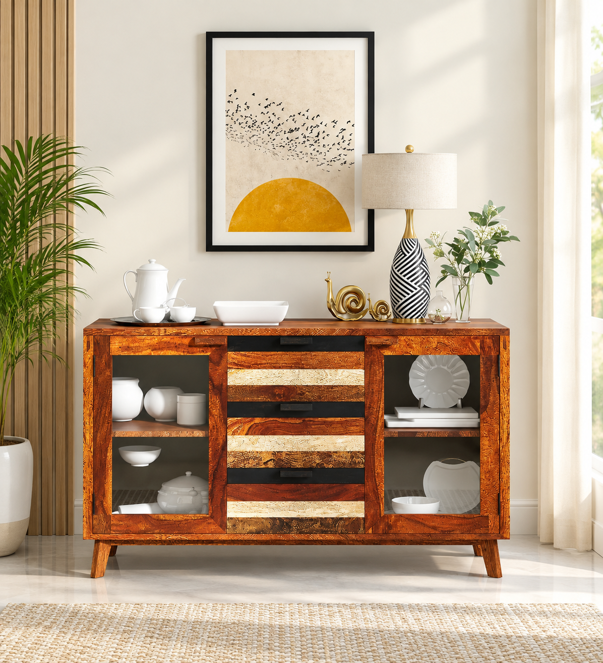 Elegant Solid Sheesham Wood Crockery Cabinet with Glass Doors