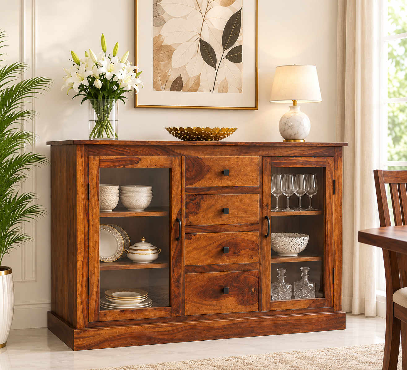 Luxury Solid Sheesham Wood Crockery Cabinet for Dining Room