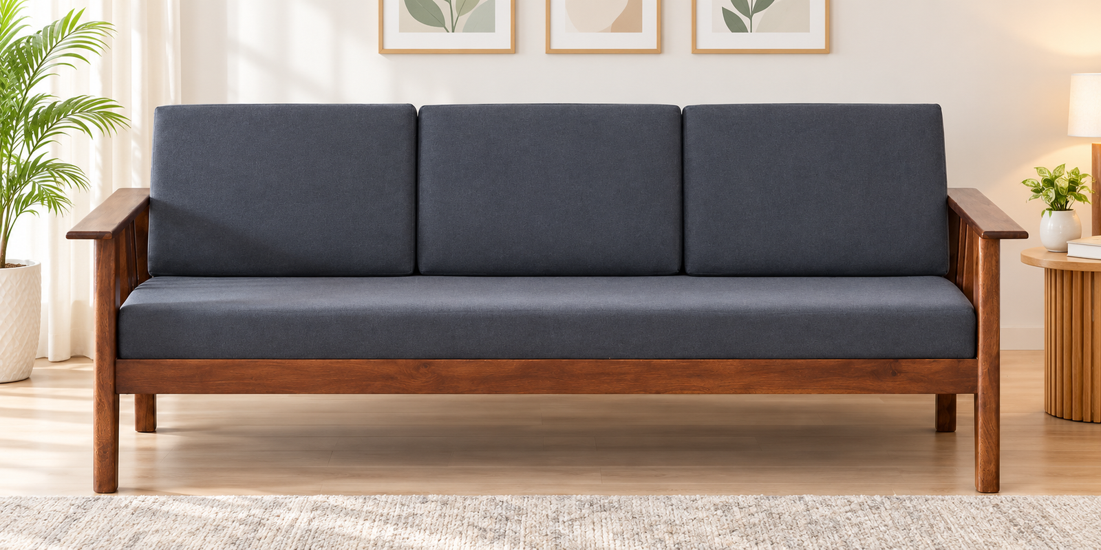 Natural Sheesham Wood Elegant Family Seating 3 Seater Sofa