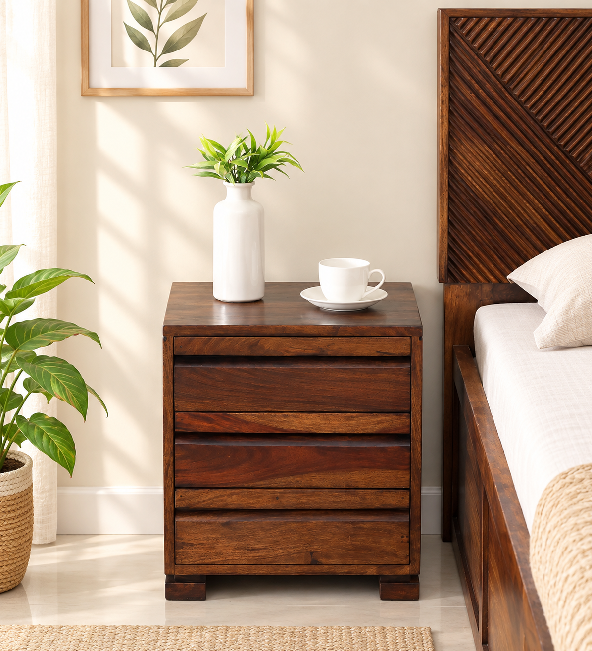 Rustic Natural Wood Bedside Storage Side Table