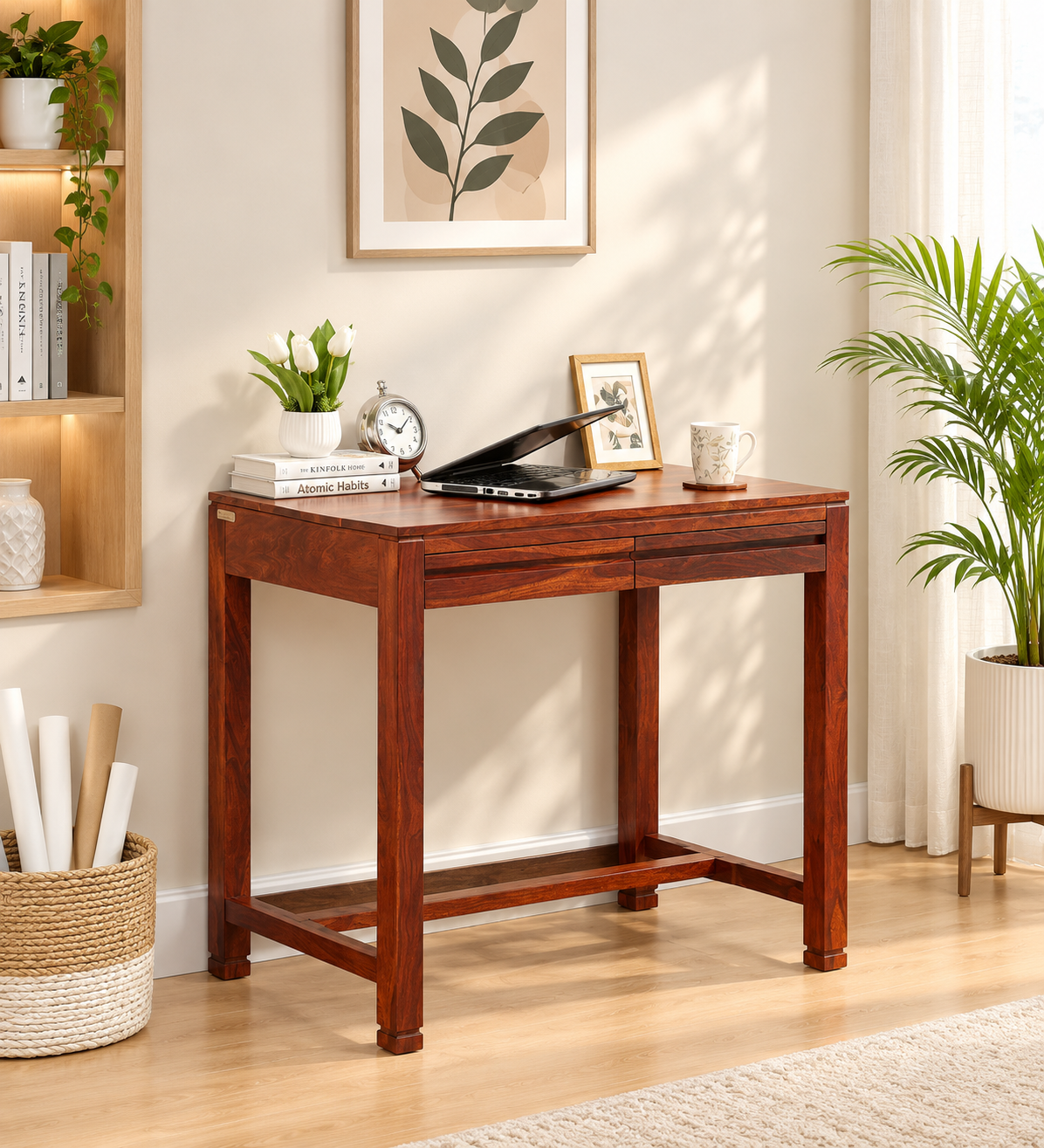 Rustic Sheesham Wood Study Table with Stylish Open Shelf