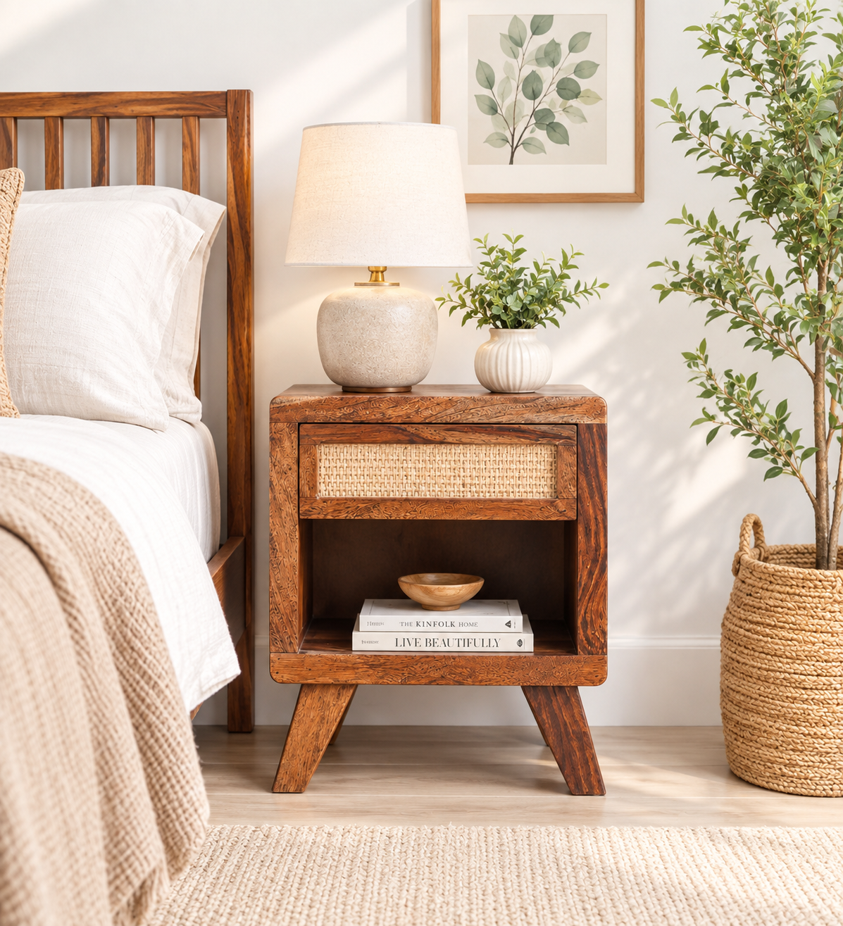 Traditional Solid Wood Bedside Nightstand Table